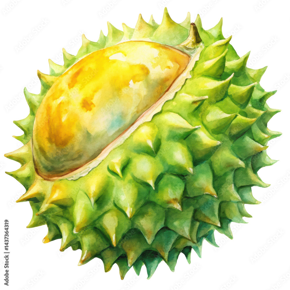 Durian fruit tropical green spiky watercolor isolated fresh exotic delicious unique