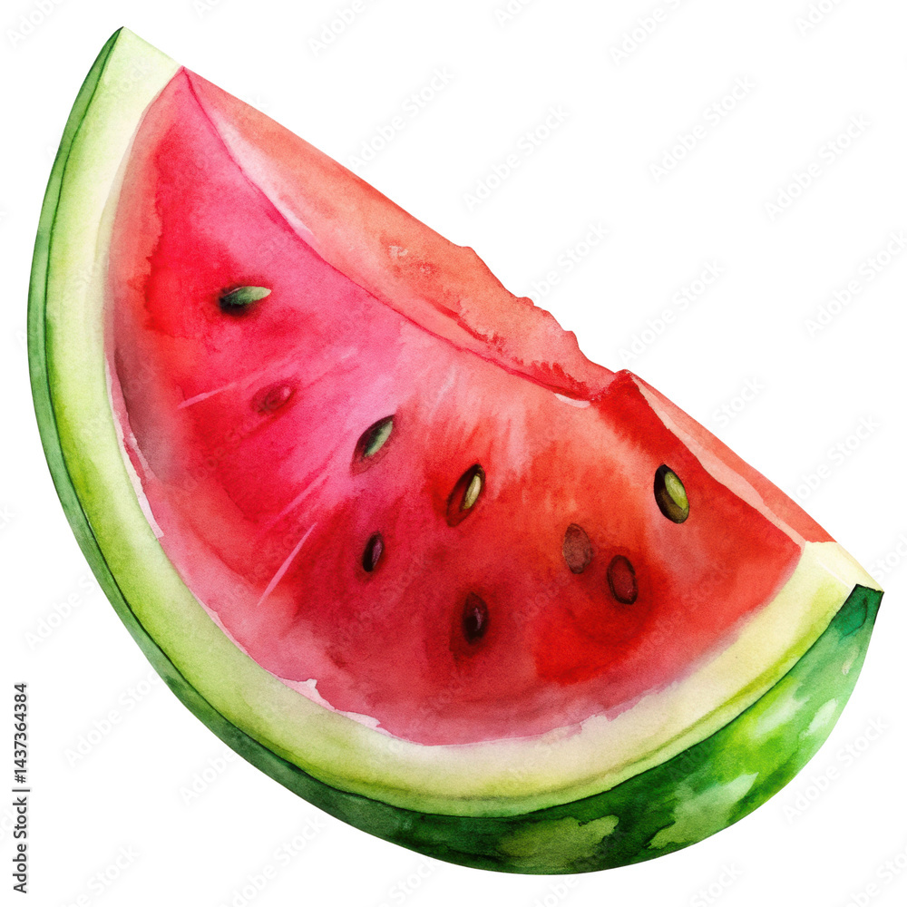 Watermelon slice, juicy red fruit, green rind, fresh, summer, watercolor illustration
