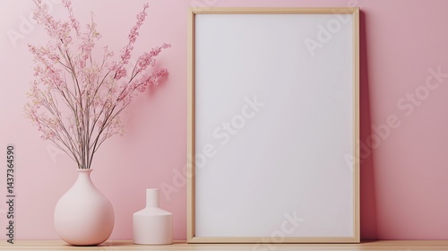 Minimalist Pink Wall Decor with Blossoming Branches and Blank Frame