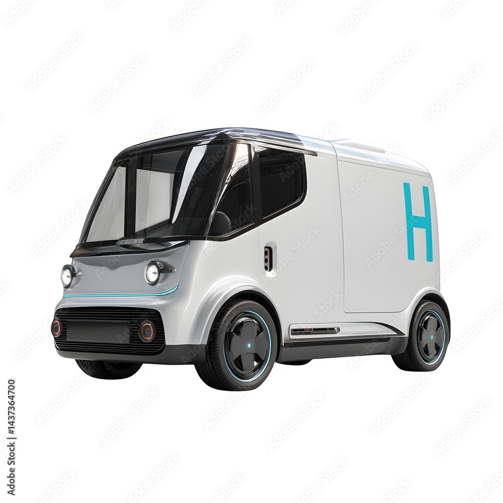 Hydrogen-powered urban delivery van model isolated on pure white, future logistics. Hydrogen-powered urban delivery van model isolated on pure white, future logistics.