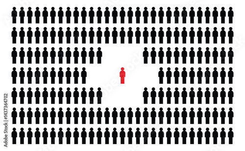 A unique individual stands out. One red person stands out from the mass of people. A special member of society.