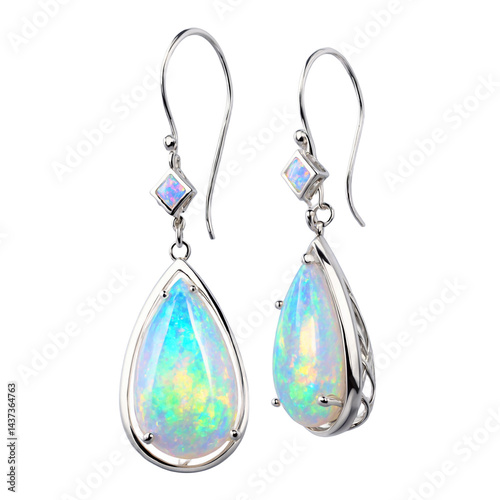 teardrop shape opal gemstone on silver earrings transparent background isolated png stock