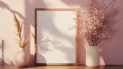 Minimalist Pink Wall Decor with Blossoming Branches and Blank Frame