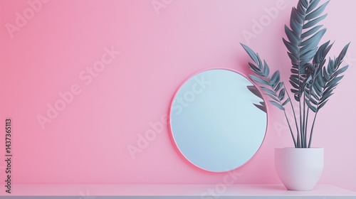 Minimalist Pink Wall Decor with Blossoming Branches and Blank Frame