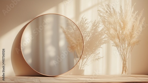 Minimalist Pink Wall Decor with Blossoming Branches and Blank Frame