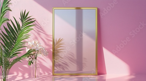 Minimalist Pink Wall Decor with Blossoming Branches and Blank Frame