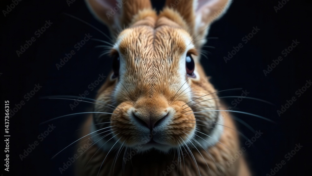 A Close-Up Portrait of a Curious Brown Rabbit with Long Whiskers Against a Dark Background A Close-Up Portrait of a Curious Brown Rabbit with Long Whiskers Against a Dark Background