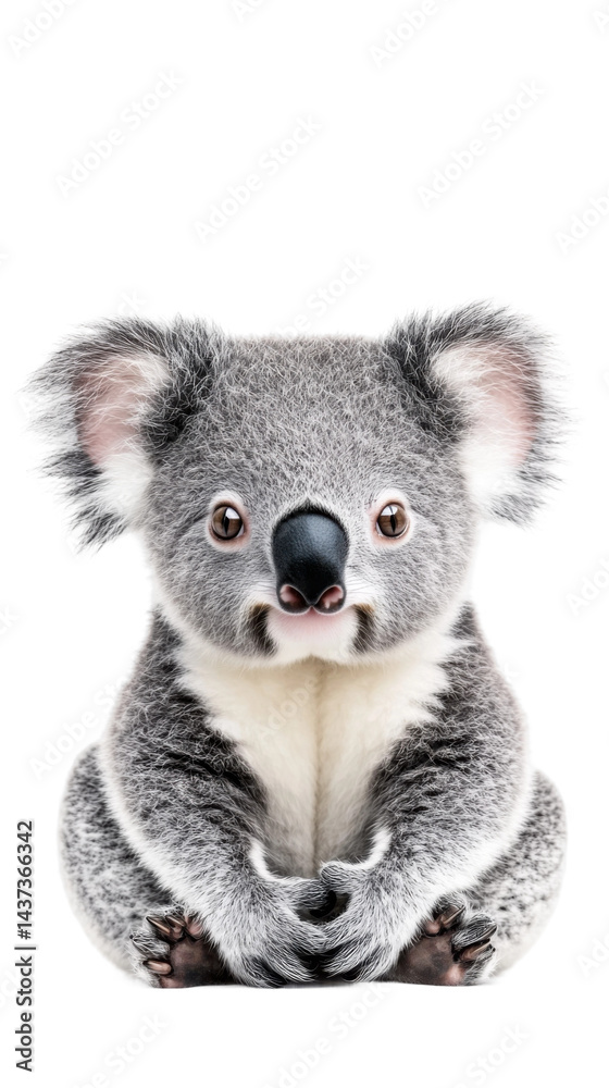 Obraz premium Cute koala bear sitting wildlife sanctuary portrait bright close-up. Isolated on transparent background, png.