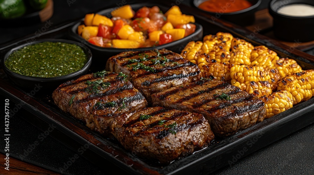 Grilled steak platter with corn and salsa. Four grilled steaks served with roasted corn kernels and a vibrant salsa. A flavorful side dish of mango salsa complements the dish Grilled steak platter with corn and salsa. Four grilled steaks served with roasted corn kernels and a vibrant salsa. A flavorful side dish of mango salsa complements the dish