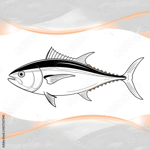 A black and white tuna fish illustration line art of a coloring page