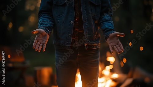 Man Wearing Denim Jacket Outdoors by Campfire, Casual Night Style