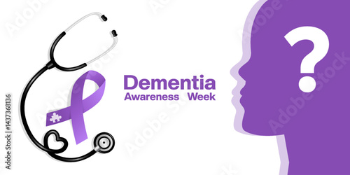 Dementia Awareness Week. Human, ribbon, puzzle, exclamation mark and stesthoscope. Suitable for posters, banners, social media and more. White background.