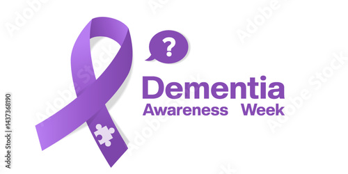 Dementia Awareness Week. Ribbon, puzzle, exclamation mark and message. Suitable for posters, banners, social media and more. White background.