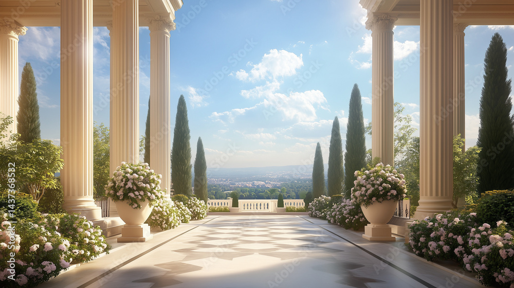 Naklejka premium Grand entrance of an elegant residence with lush surroundings, conveying timeless luxury and serene beauty.