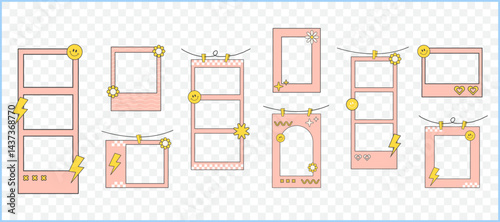 Retro cute pink polaroid photo frames background vector set collection. Doodle frame polaroid border element vector illustration