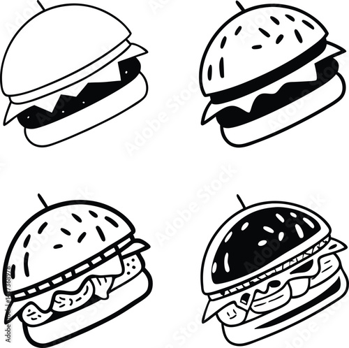 Four Delicious Burger Illustrations in Black and White