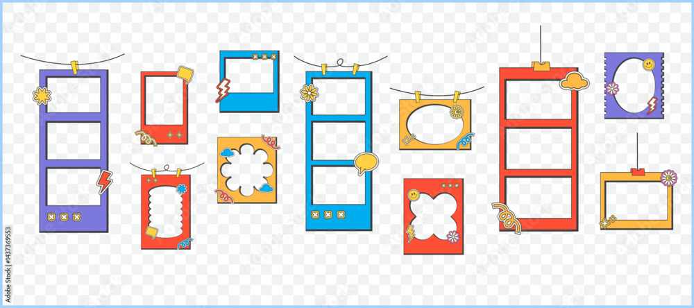 Pop retro cute groovy polaroid photo frames background vector set collection. Doodle frame polaroid border element vector illustration Pop retro cute groovy polaroid photo frames background vector set collection. Doodle frame polaroid border element vector illustration