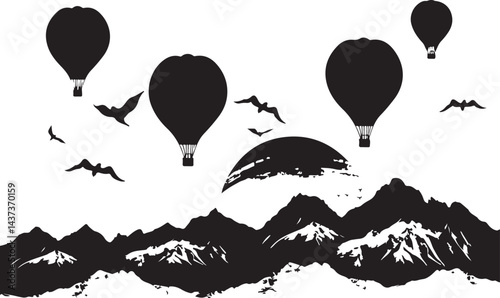 set of vector silhouettes of hot air balloons, balloon, air, sky, vector, hot, travel, fly, illustration, hot air balloon, cloud, balloons, transport, flying, transportation, design, landscape, basket