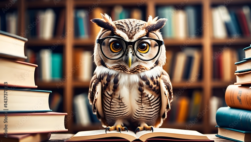 Wise owl perched among books in a library Wise owl perched among books in a library
