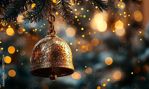 Decorative holiday bell hanging from a tree.
