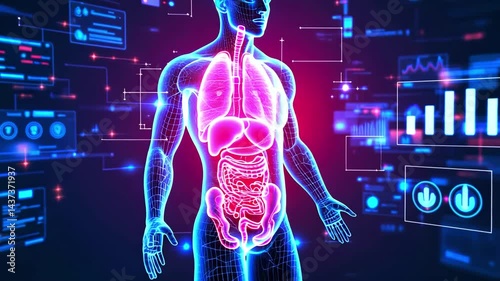 Digital representation of the human body showcasing internal organs with data visualizations in the background
