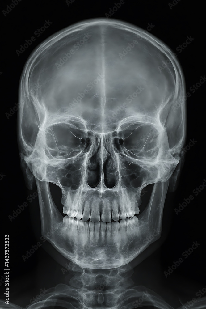 Fototapeta premium Frontal Skull X-ray. High-resolution X-ray showing skull bones in frontal view. 
