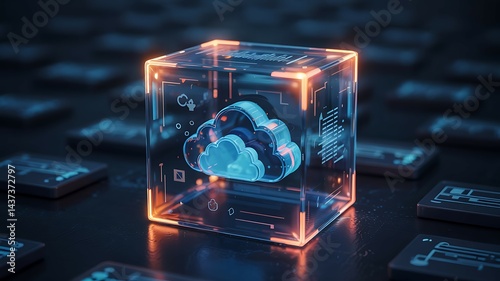 A digital cloud in a glowing cube, representing data storage, technology and cloud computing