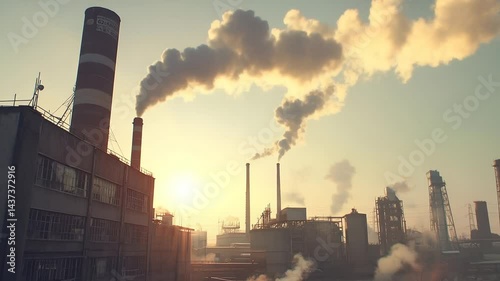 Industrial Pollution: Factories Emit Smoke at Dawn