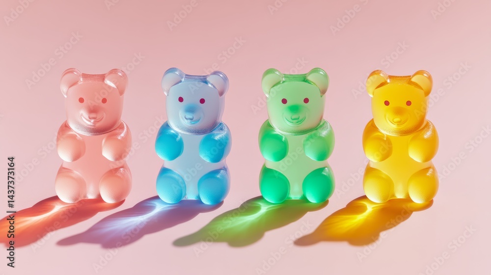 Four bears of different colors are sitting on a pink background. The bears are made of plastic and are of different sizes. The colors of the bears are blue, green, yellow, and pink Four bears of different colors are sitting on a pink background. The bears are made of plastic and are of different sizes. The colors of the bears are blue, green, yellow, and pink