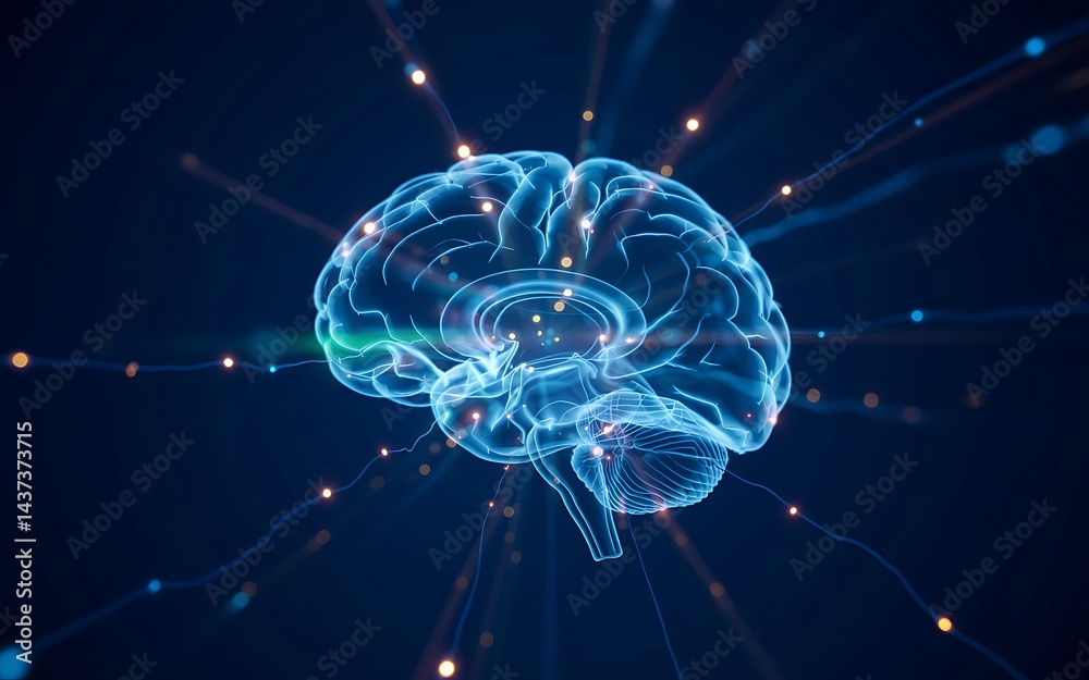 A vibrant and futuristic depiction of a human brain with luminous connections and neural pathways A vibrant and futuristic depiction of a human brain with luminous connections and neural pathways