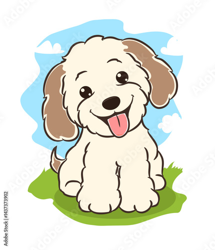 Cartoon white fluffy white dog with brown ears sitting on grass, vector illustration