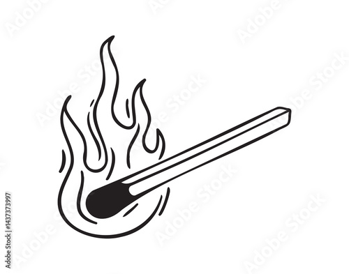 Burning match hand drawn doodle icon, simple line match drawing sketch, design outline element.