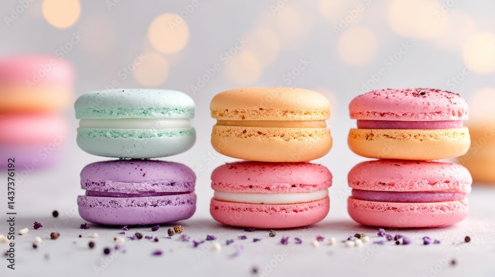 Stack of colorful macarons with a sprinkle of powdered sugar on top. The macarons are arranged in a pyramid shape, with the bottom row being the most colorful. Concept of indulgence and luxury Stack of colorful macarons with a sprinkle of powdered sugar on top. The macarons are arranged in a pyramid shape, with the bottom row being the most colorful. Concept of indulgence and luxury