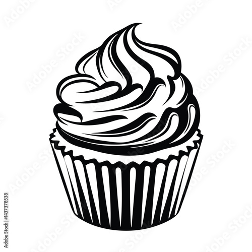 Cupcake with Swirl Icing and Paper Cup, Black and White Silhouette Style Design