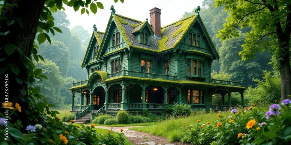 Fototapeta premium Enchanted Green Victorian House Nestled Amidst Lush Foliage, a Picturesque Scene of Tranquility and Serene Beauty