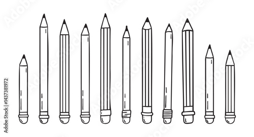 Pencil with eraser hand drawn doodle line scandinavian minimalism icon set. Pencil single element for school, teaching, drawing