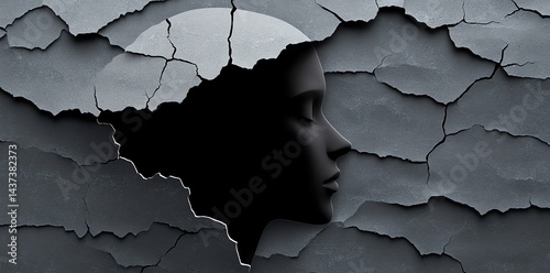 Serene Face Emerging from Cracked Wall: A Somber, Abstract Artwork