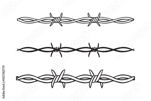 Barbed wire isolated template border. Wire barb fence set. Protection barbed wire silhouette outline clipart