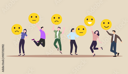 employee happiness work attitude feedback business concept vector illustration people various feedback emoticons working wellbeing satisfaction 