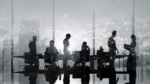 Silhouetted Team Collaboration in Modern Office Environment