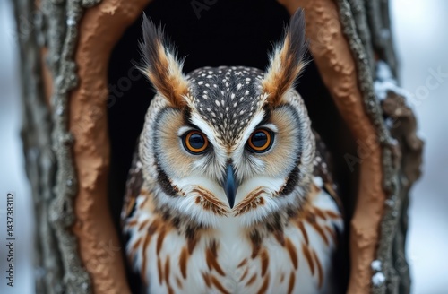 Portrait of an Eastern Screech-Owl nestled in a natural cavity of a tree	