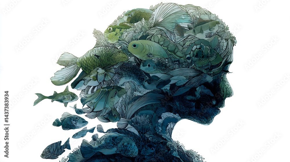 Obraz premium Underwater Serenity: Conceptual portrait merging a human silhouette with marine life