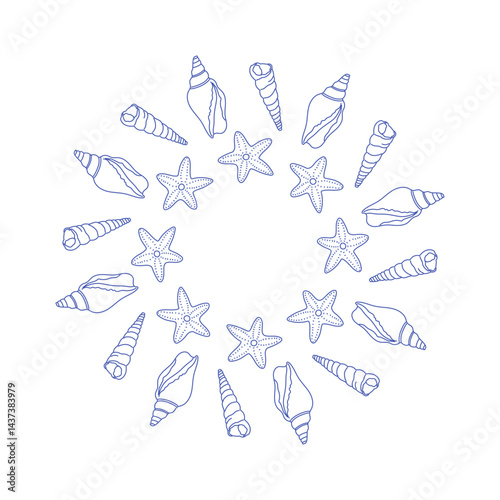 Sea shell doodle frame for decoration on summer holiday season and marine life concept. outline illustration of sea conch and starfish. Hand drawn graphic clipart of shell. 
