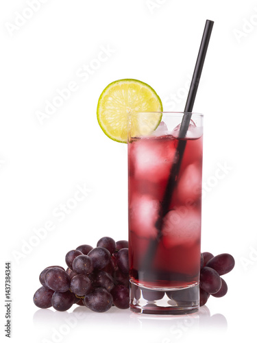 Grape red juice with ice in glass with straw, lime and fruits isolated on white background, design element