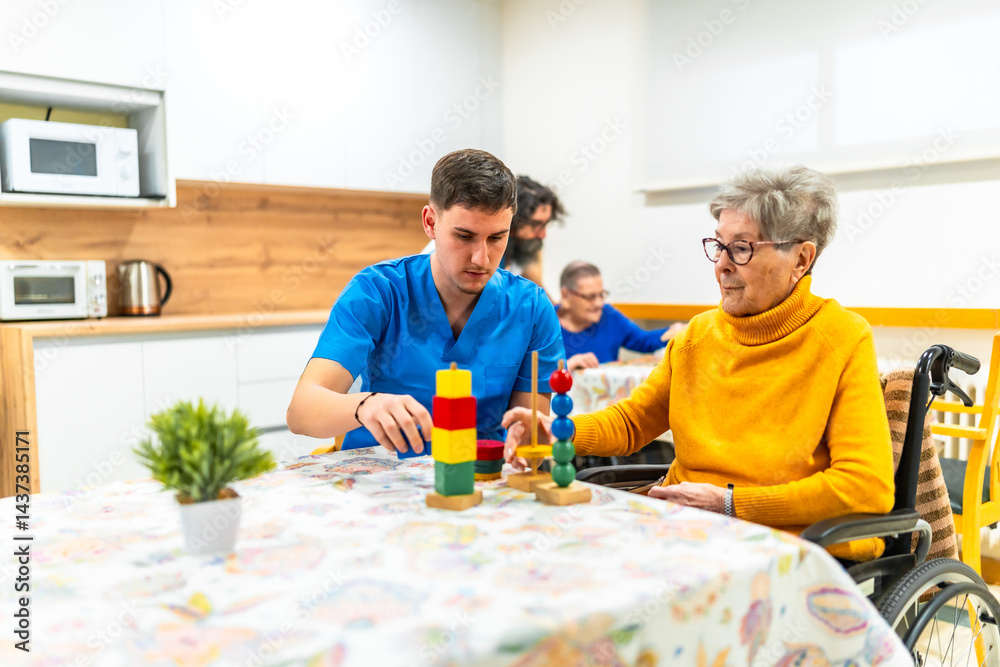 Nurse assisting elderly woman with rehabilitation exercises in nursing home