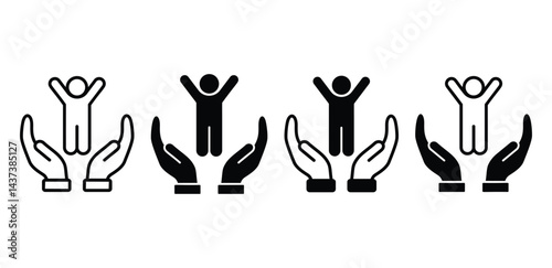 Black and White Icon Set of Hands Protecting a Person Vector Design Illustration