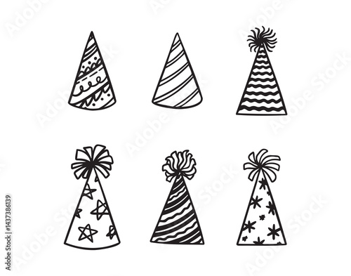 Festive party hats hand drawn doodle funny set. Party hats drawing outline elements set.