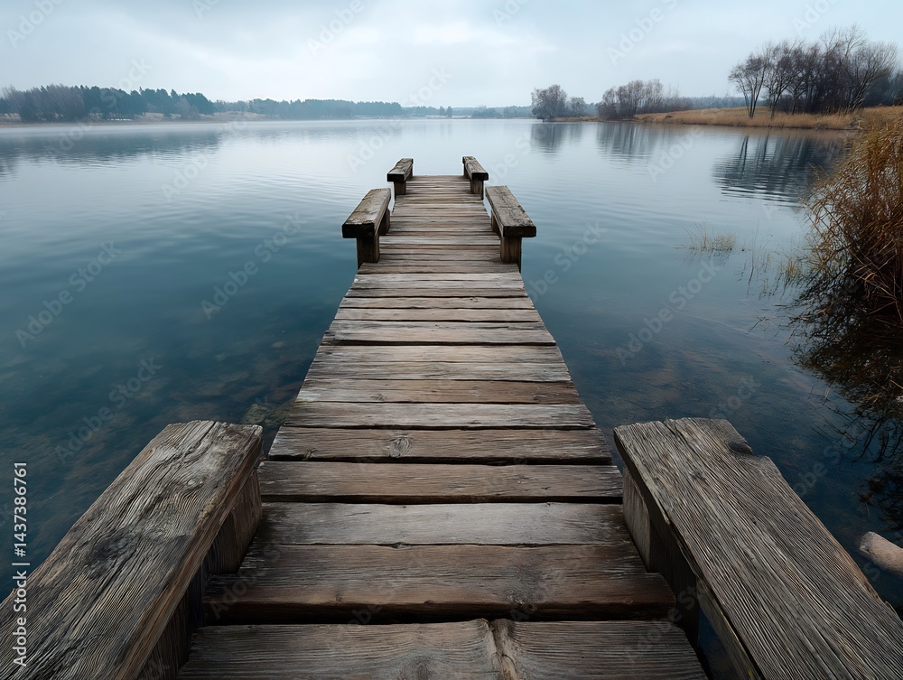 Fototapeta premium Tranquil lakeside scene featuring a rustic wooden pier under a cloudy sky