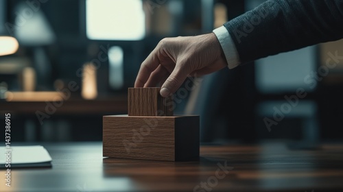 Hand carefully placing wooden block on another