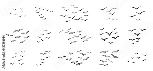 Birds flying line in the sky set. Ink grunge flock of birds afar brush hand drawn. markers and crayons